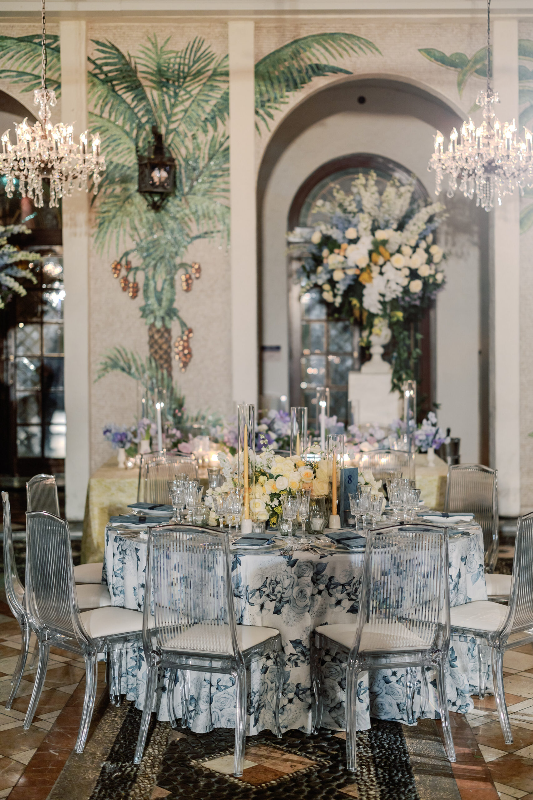 Custom navy gold lily dance floor at Vizcaya with Steinway piano stage
